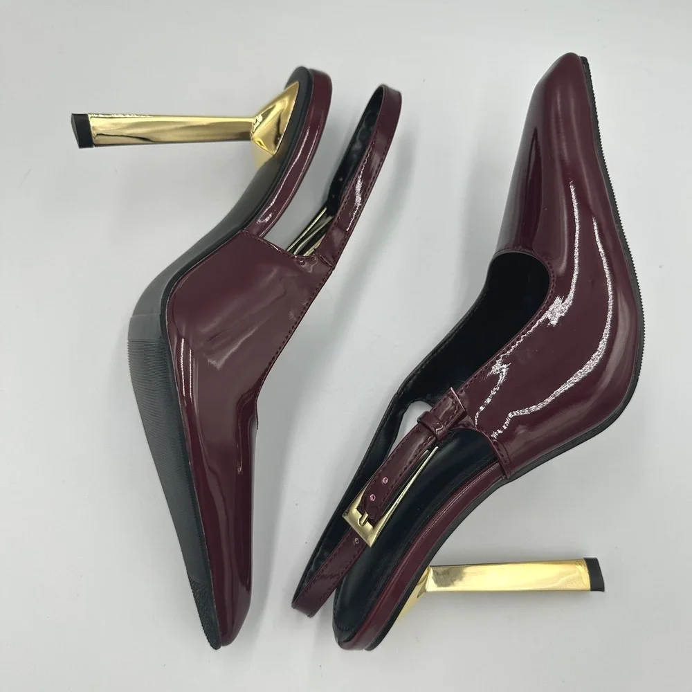 Burgundy Patent Pointed Toe Slingback Pumps 4in Gold Architectural Heel EU36 US6